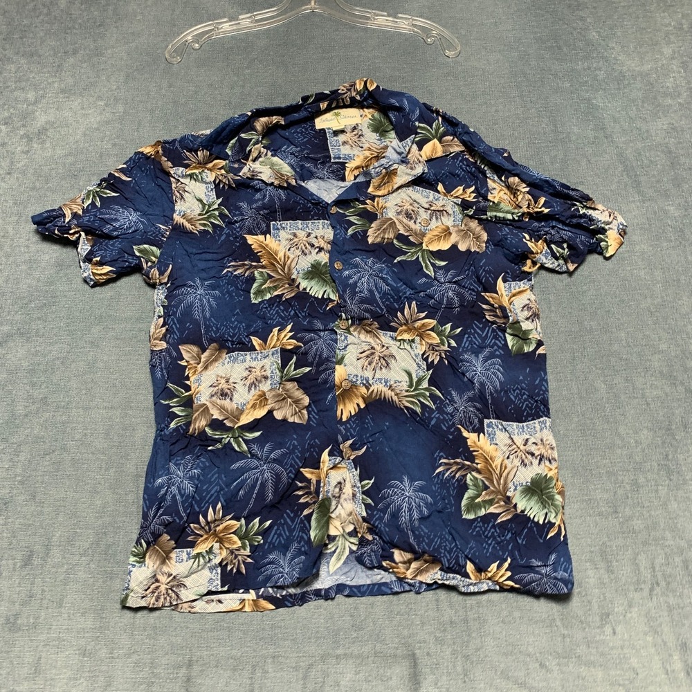 Island Shores Hawaiian Shirt Mens Large Blue Tropical Palm Tree Aloha Beachwear